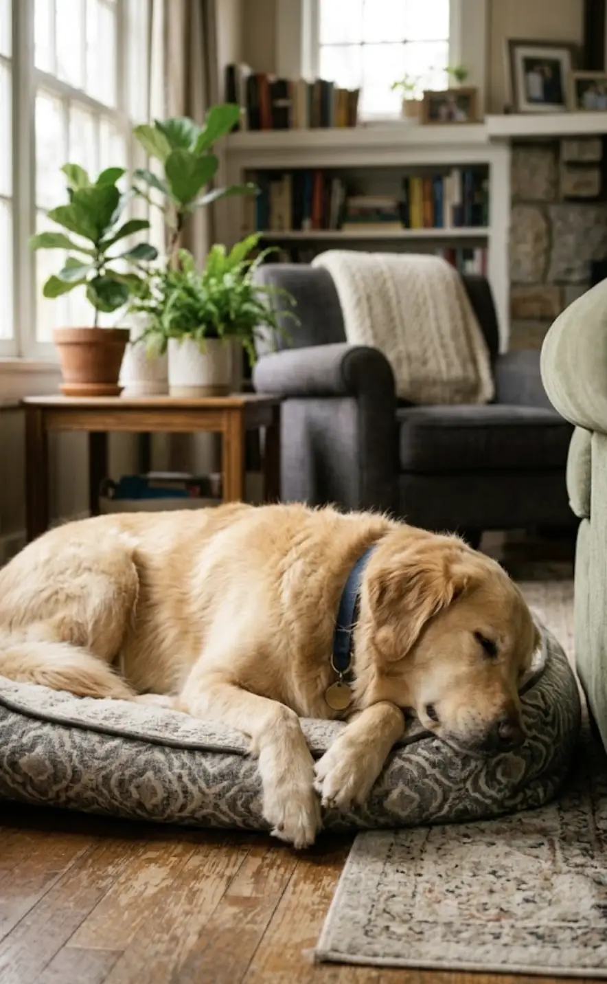 Golden retriever resting calmly on its bed at home Golden retriever resting calmly on its bed in the trainer's home