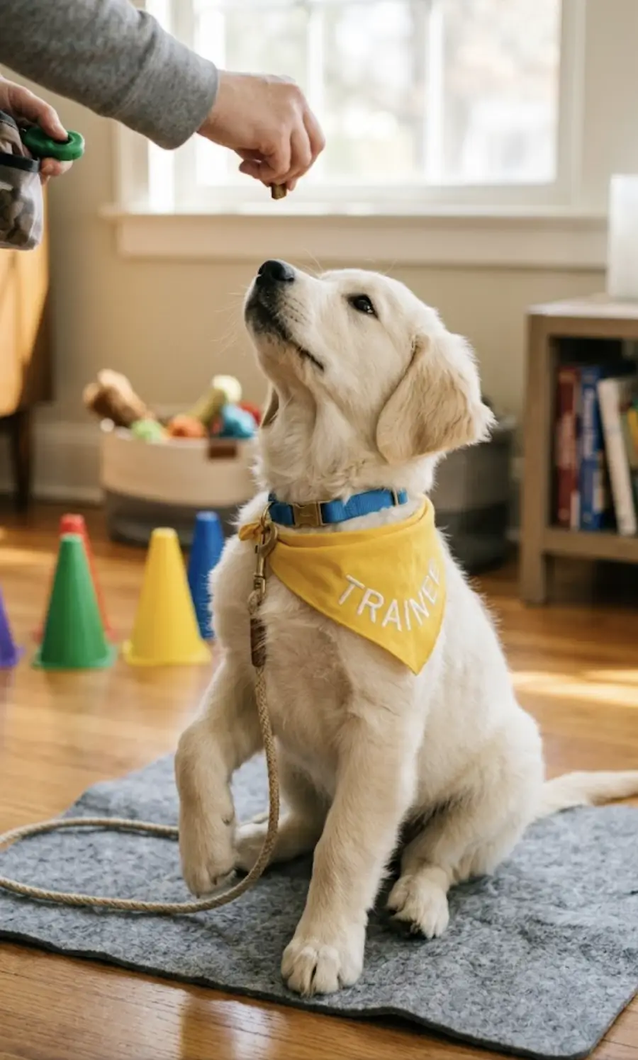Puppy in a yellow bandana sitting on cue during puppy training Puppy in a yellow bandana sitting on cue during puppy training