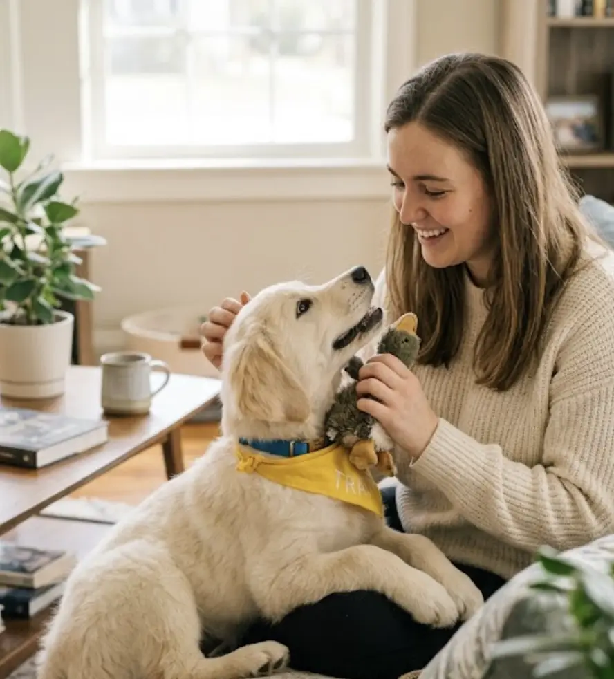 Owner rewarding her golden retriever puppy at home Owner rewarding her golden retriever puppy at home