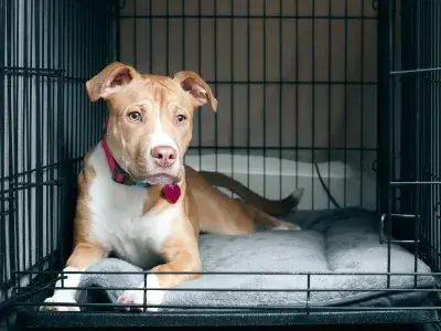 Dog resting calmly inside an open crate Dog resting calmly inside an open crate
