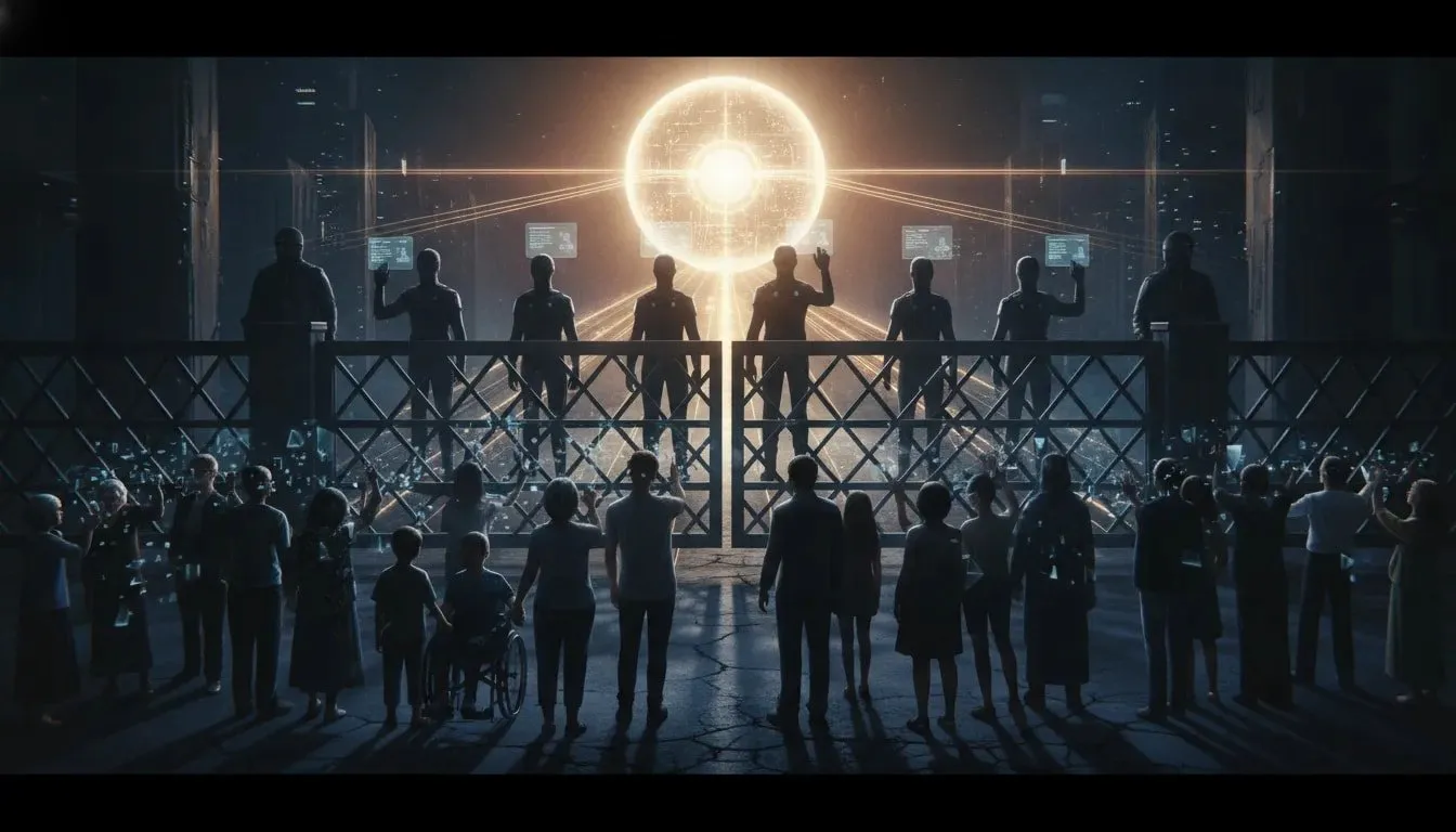 Futuristic city scene showing AI gatekeeping, where a glowing high-tech core is behind a locked barrier and a diverse group receives dim, limited holographic access while an authorized group has bright access