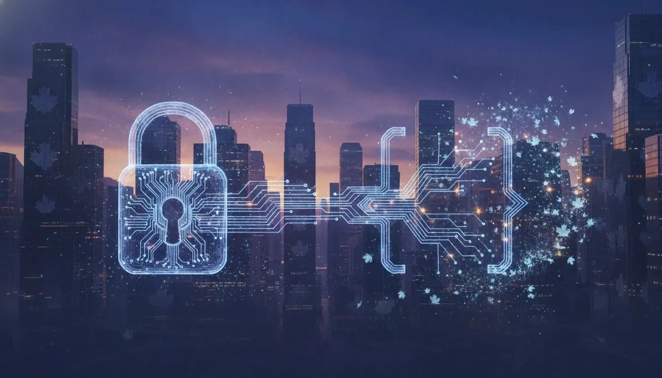 Futuristic Canadian skyline with a holographic open vs closed AI network symbolizing the open-source AI revolution.