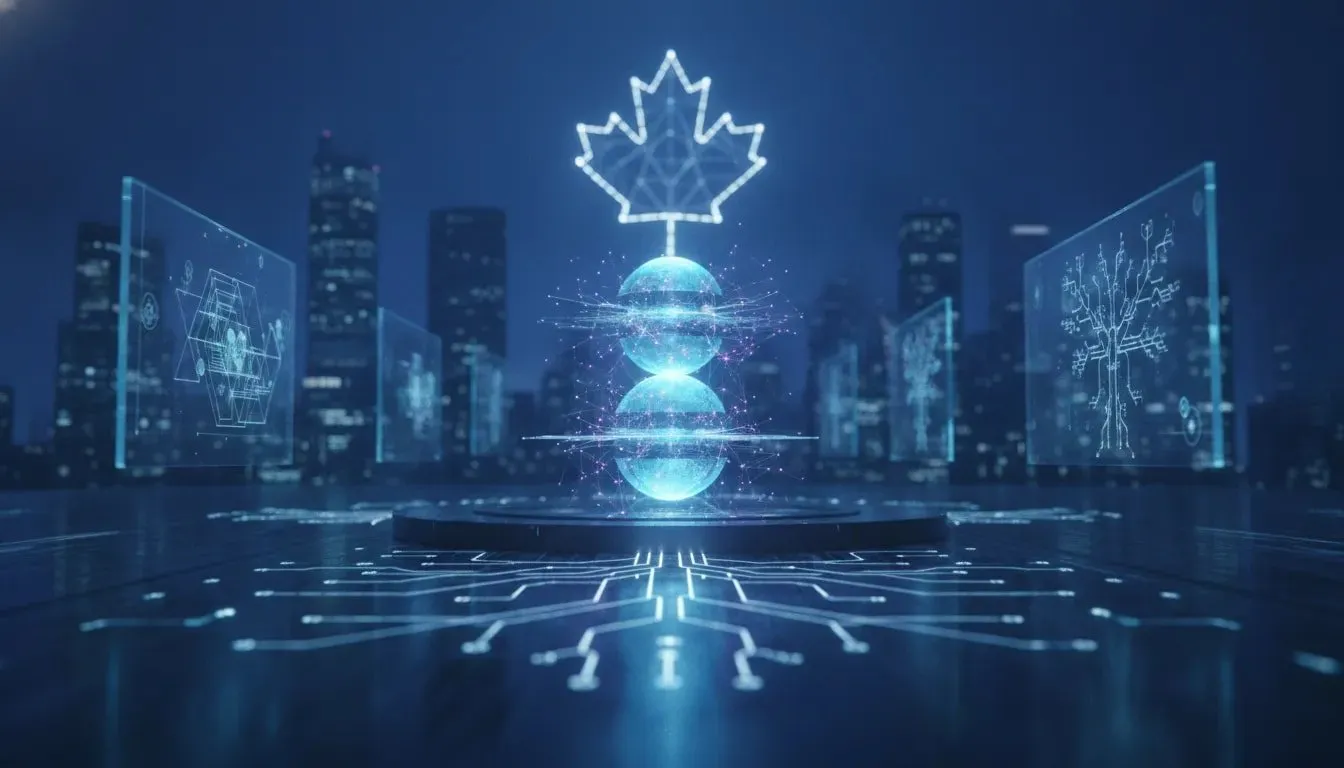 Futuristic holographic math and computing visualization showing glowing geometric sphere-packing forms and logic-like network pathways with a subtle light-maple silhouette, no text.