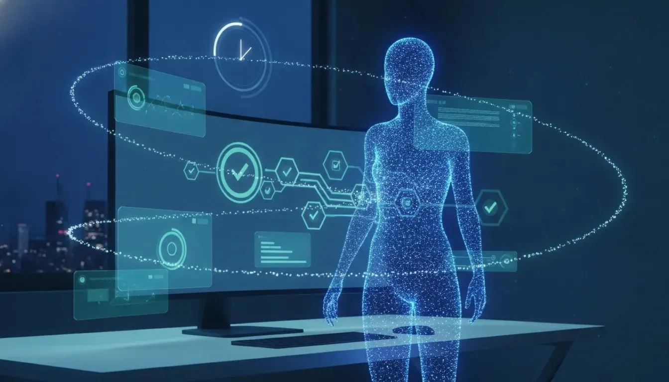 Futuristic illustration of a holographic AI digital worker coordinating multi-stage tasks and progressing through checks on a glowing network display at night.