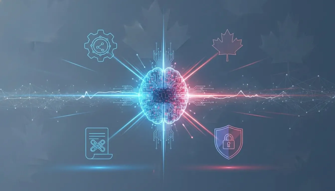 Futuristic wordless illustration of a glowing AI brain/circuit sending flash-like signals across connected enterprise nodes with subtle Canadian motifs, evoking Gemini 3.8 Flash and AI portfolio deployment.