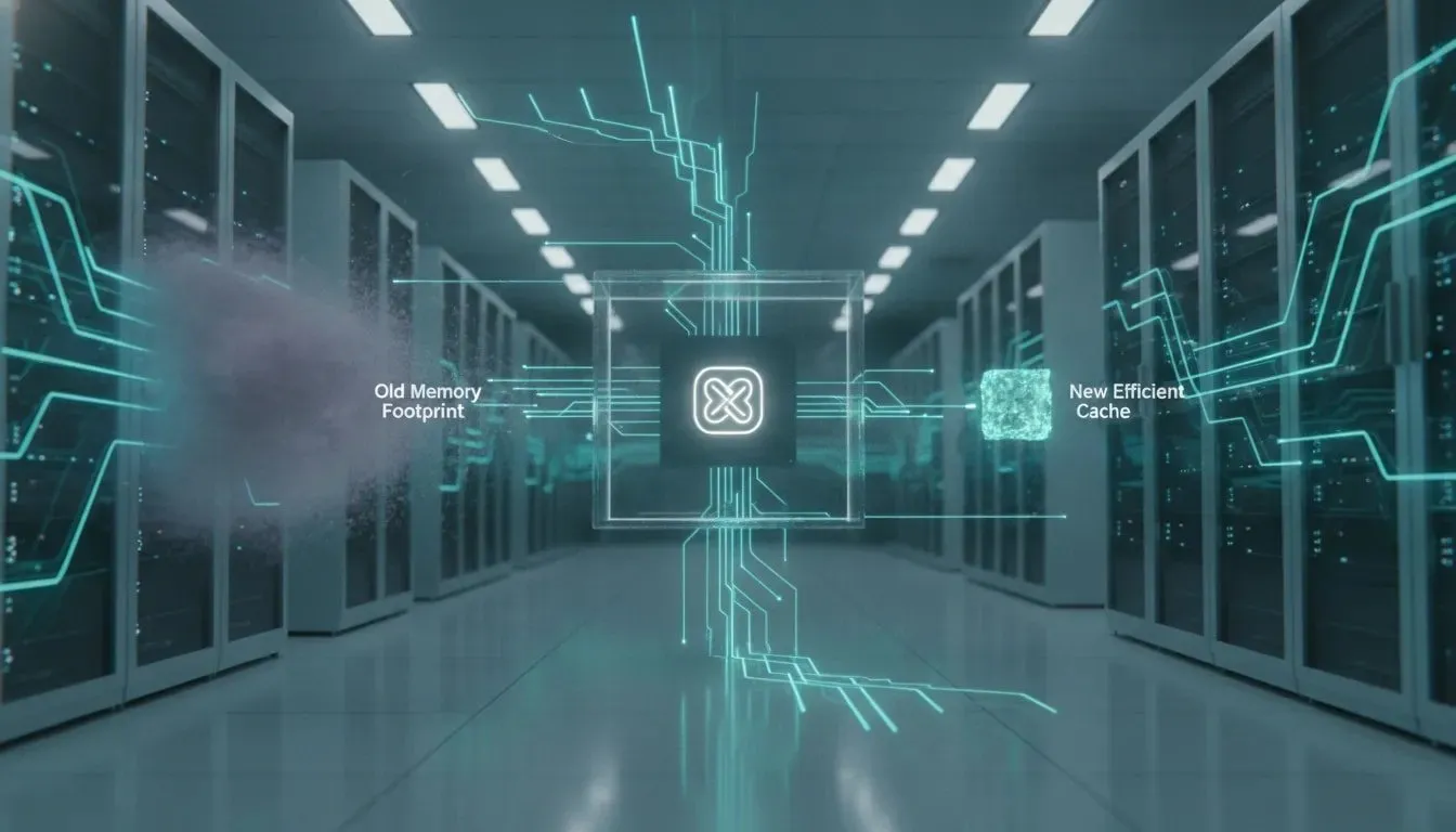 Futuristic data center with holographic AI networks showing a dramatically reduced memory cache footprint and faster enterprise model performance, with no text or logos.