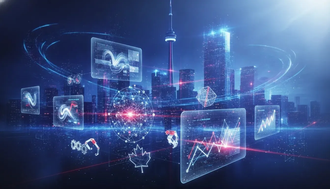 Cinematic holographic Toronto skyline with glowing AI network, multimodal world-model icons, and swirling data light trails illustrating a major AI breakthrough week for Canadian business.