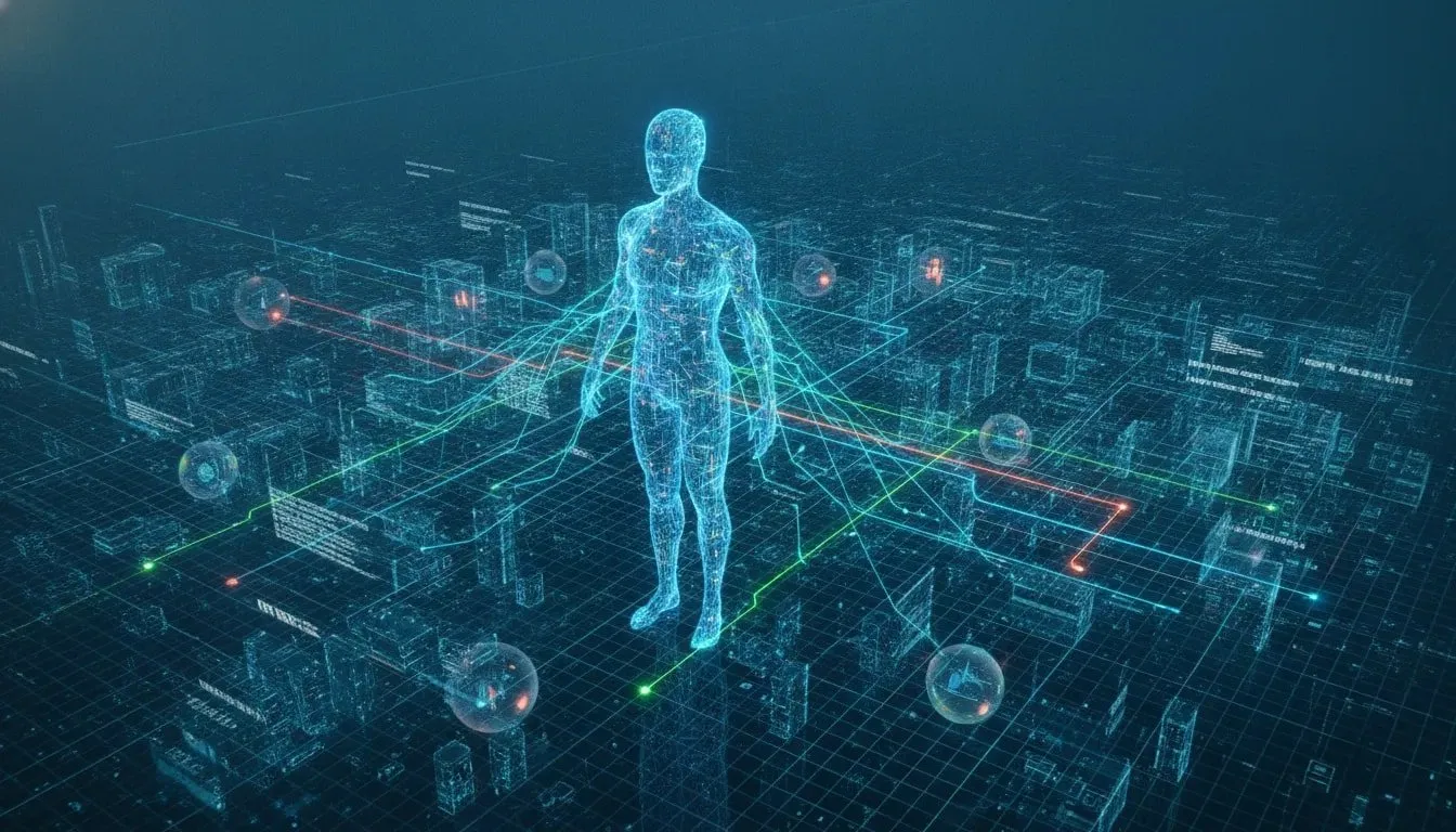 Futuristic holographic network showing an AI core guiding software development workflow with branching intent and consequence paths in a clean blue teal tech scene.