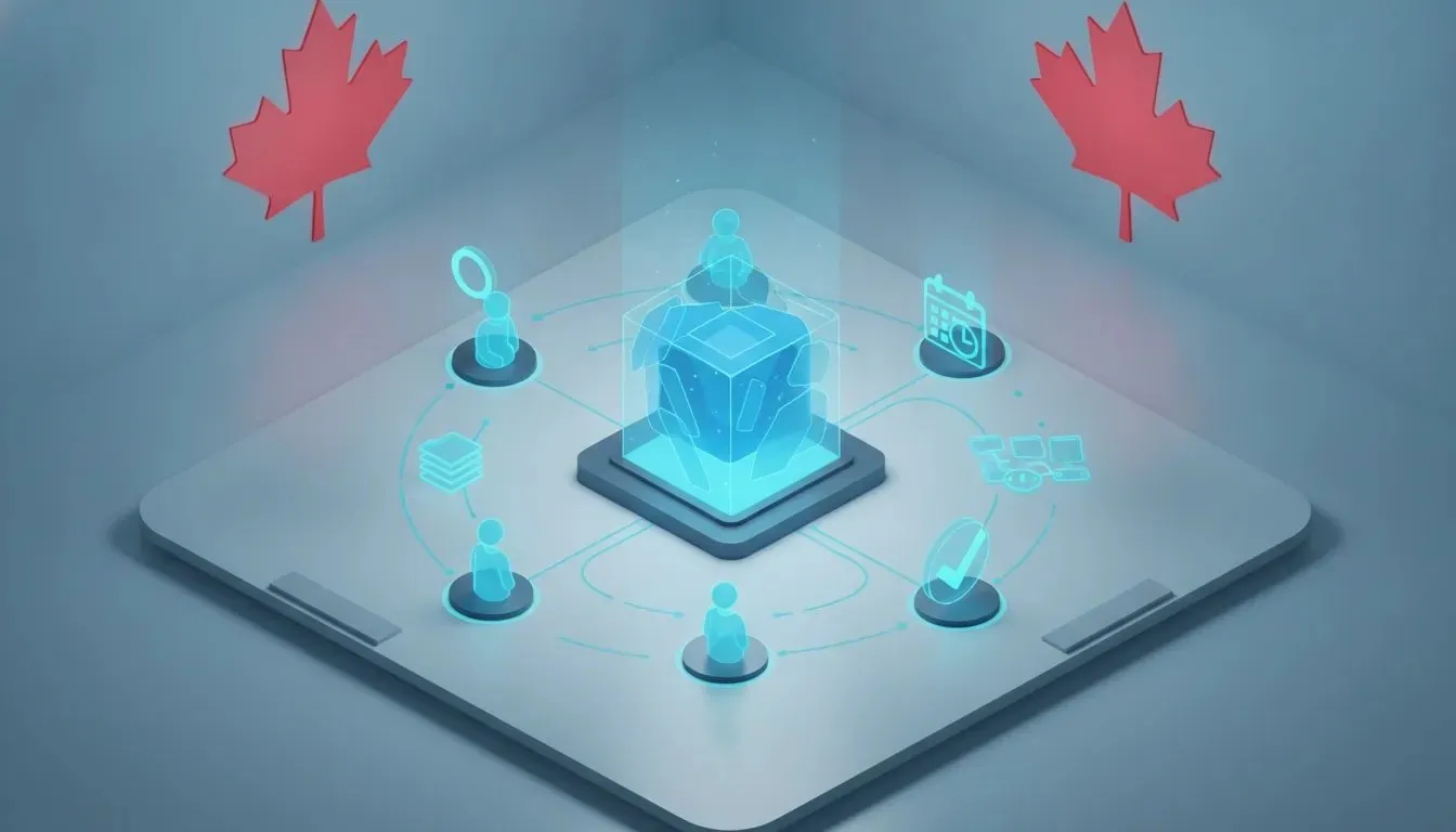 Illustration of a connected AI workforce with multiple holographic agents collaborating around a central hub, symbolizing research, organization, review, and automated execution.