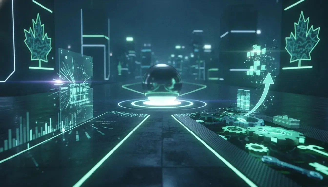 Futuristic Canadian tech scene showing an AI core with diverging paths toward benchmark hologram versus practical real-world business outcomes, no text