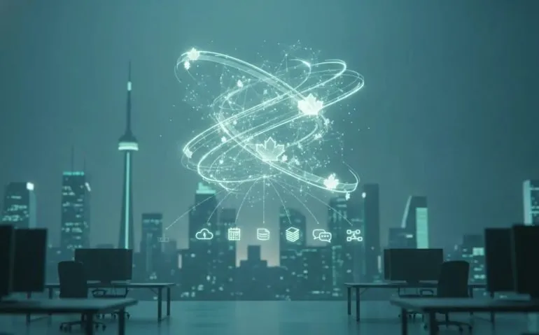 Illustration of agentic AI nodes and data streams over a Canadian city skyline connected to cloud and business workflow icons, symbolizing collaborative everyday work.