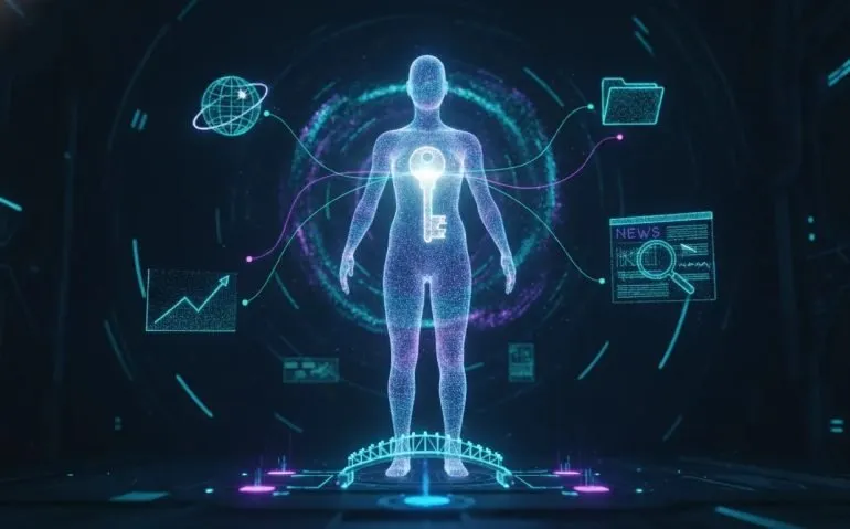 Holographic AI agent connected to real-world data sources by a single glowing key, shown with charts, documents, and network-linked data streams