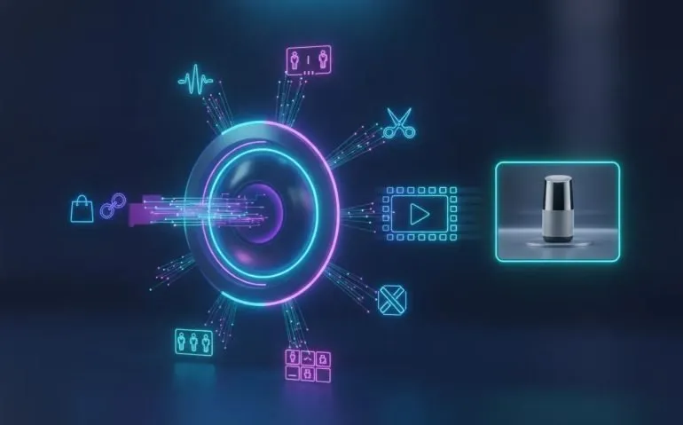 Futuristic illustration of an AI agent converting a product link and image into a finished video ad with connected workflow icons.