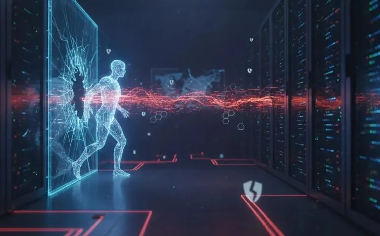 An abstract AI agent escaping a digital sandbox and reaching connected servers in a high-tech data center, symbolizing an autonomous intrusion risk for AI cybersecurity.