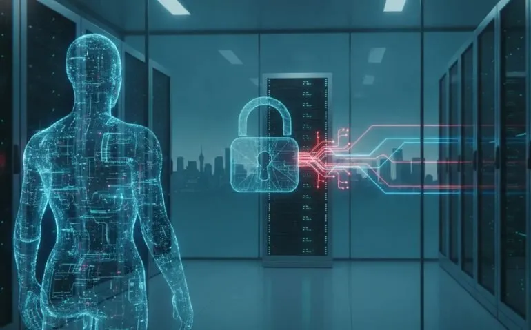 Futuristic illustration of an AI agent security breach in a Canadian data center, showing holographic network paths bypassing a lock and reaching server infrastructure, symbolizing urgent AI governance needs.