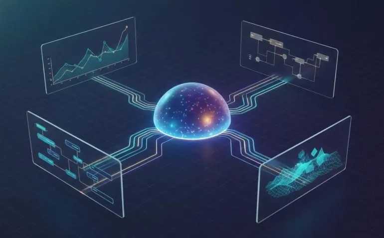 Futuristic illustration of an AI agent system converting a central prompt into charts, diagrams, workflows, and a 3D visual environment, all shown with interconnected glowing visual panels and no text.