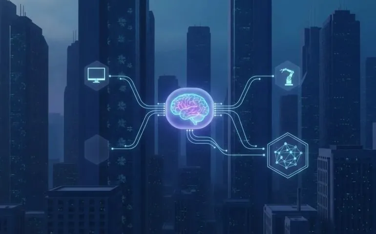 Futuristic illustration of a glowing AI core with connected agent threads extending to computer, automation, and research network elements, suggesting autonomous research and persistent AI skills in a modern Canadian tech atmosphere.