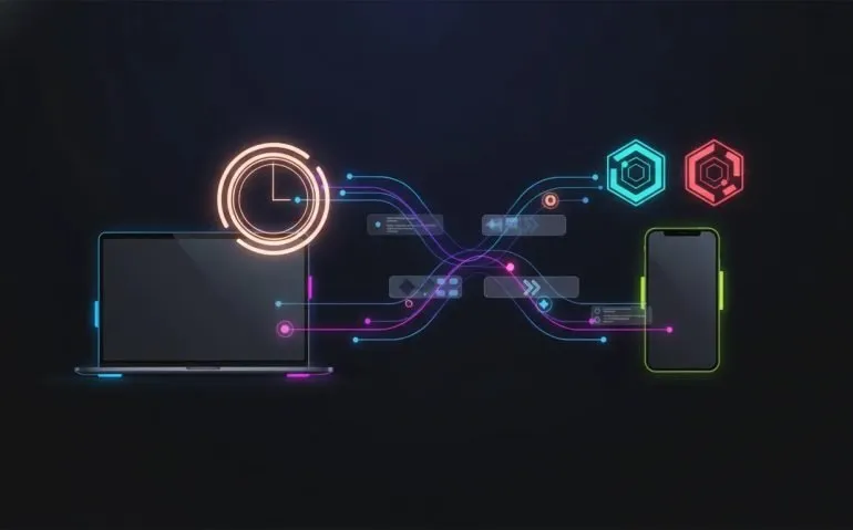 Futuristic illustration of AI automation flowing between a laptop and smartphone with glowing nodes representing continuous 24/7 work and dual model options, with no text.