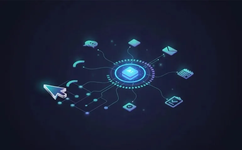 Abstract illustration of AI automation with a central workflow hub connected to multiple apps via glowing links and a cursor entering the process, shown with a light countdown ring concept.
