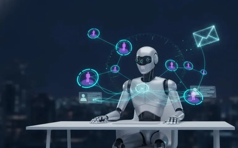Futuristic AI agent automating client prospecting, lead enrichment, and personalized outreach at night with glowing data streams across a business network