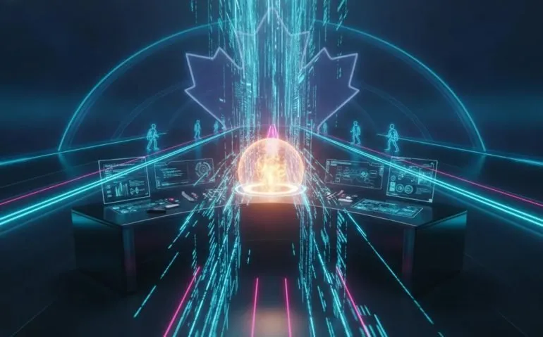Futuristic holographic scene symbolizing a new AI coding model rapidly improving software development speed and performance, with abstract race cues and a subtle maple-leaf geometric background.