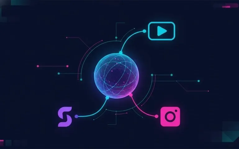 Abstract illustration of an AI hub connected to three social media platforms with glowing network lines and a futuristic analytics dashboard, no text.
