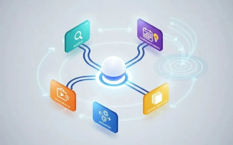 Illustration of an AI content creation workflow with a central hub connected to panels for research, campaign planning, video creation, carousel generation, and automation.