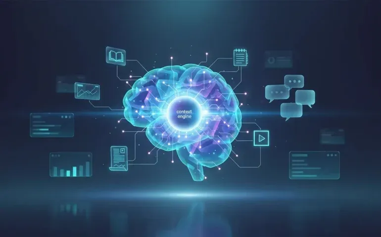 Futuristic visual metaphor of an AI context engine with connected memory layers and knowledge sources feeding a central core, shown with abstract chat bubbles and glowing nodes—no text.