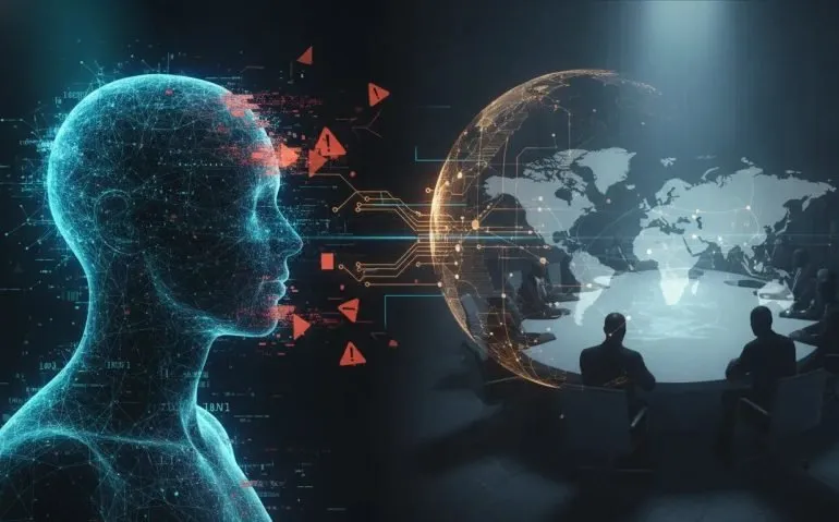 Cinematic illustration of an AI model being disrupted amid network glitches, geopolitical hints, and corporate tension with no text.