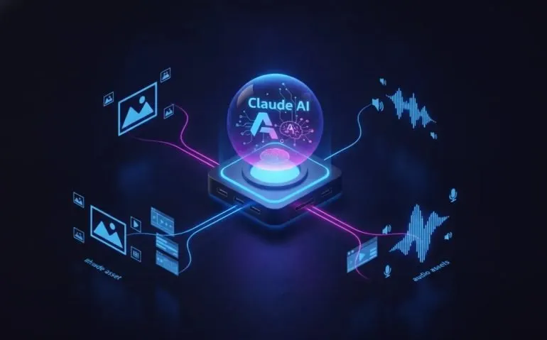 Abstract tech illustration of an AI creative pipeline with a central hub connecting to image, video, and audio asset streams, symbolizing Claude AI powered by an MCP workflow.