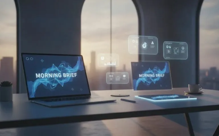 Cinematic image of an executive desk at dawn with holographic AI-style morning brief cards floating above a laptop, symbolizing an always-on AI assistant that prepares updates automatically.