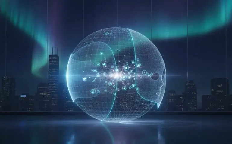 Futuristic holographic depiction of AI interpretability showing internal reasoning workspace and connected concept clusters without any text.