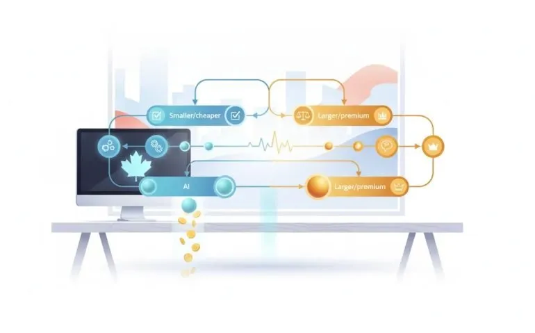Abstract illustration of AI model routing showing cheaper models handling routine tasks and premium models handling high-judgment work with a cost-saving visual effect
