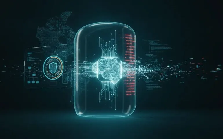 Futuristic AI core being contained by a security shield, representing the impact of a major AI model shutdown on security and software governance.