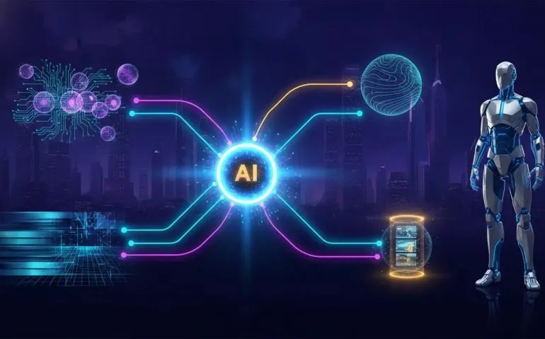 Futuristic editorial illustration depicting rapid AI advancements across open models, real-time video to 3D environments, persistent-memory agents, geospatial prediction, and humanoid robotics.