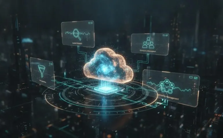 Futuristic holographic cloud computer core with linked automation modules representing 24/7 AI operations for business tasks, shown with flowing light connections and circuit effects.