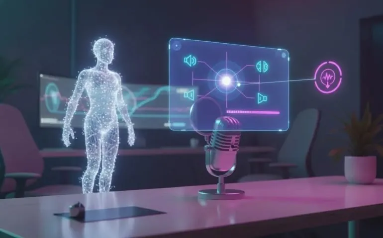 Futuristic wordless illustration of an AI podcast generator workflow with holographic prompt connections flowing to a microphone and audio waveform.