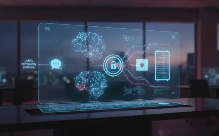 Futuristic holographic network showing AI agents and glowing connections from a public platform to a secure vault, symbolizing AI-powered cybersecurity risk and vulnerability testing