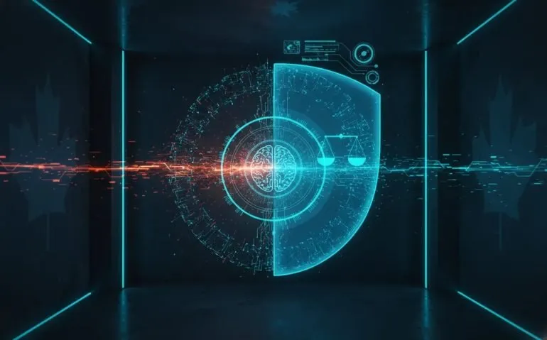 Futuristic editorial illustration showing an AI system recursively improving itself within a monitored safety framework, with glowing circuitry loops and a protective shield.