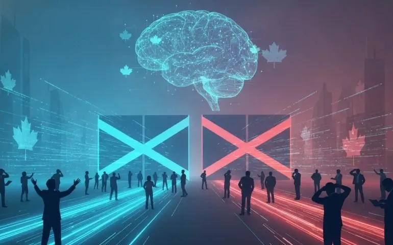 Editorial illustration showing an AI hologram with a split barrier suggesting hidden access restrictions and backlash from developers and businesses, without any text.