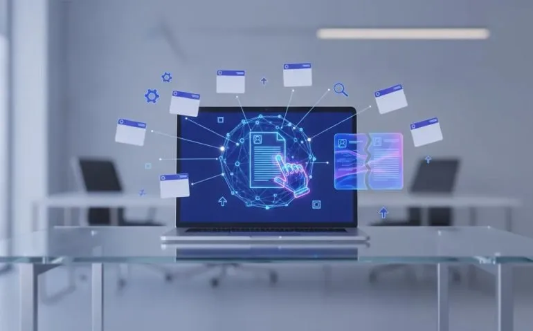 Illustration of an AI resume builder and job search workflow customizing a résumé and cover letter using interconnected tech icons, representing faster applications in 2026.
