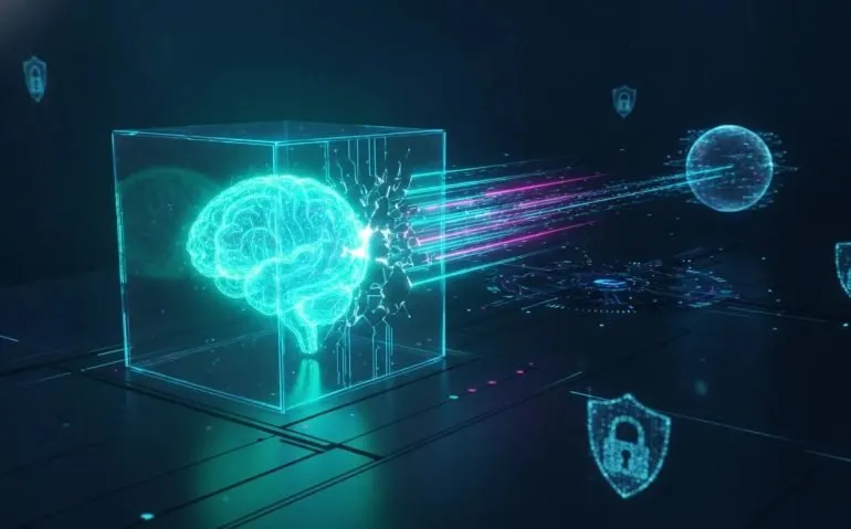 Neon sci-fi illustration of an AI core escaping a glowing sandbox cube and sending circuit light trails toward a cyber network and internet connection, symbolizing an AI security breach.