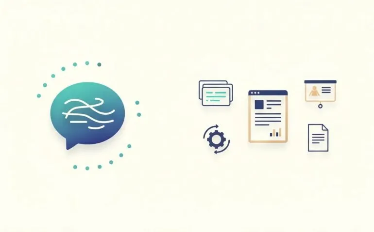 Illustration comparing a chat-style AI generating text with an AI productivity tool creating usable deliverables like slides, reports, and automations, shown with a subtle seven-day progress theme.