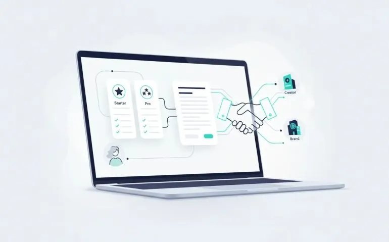 Abstract illustration of a small creator using an AI-powered estimate and organized sponsorship package to connect with a brand, shown through clean panels, flowing connection lines, and a handshake.