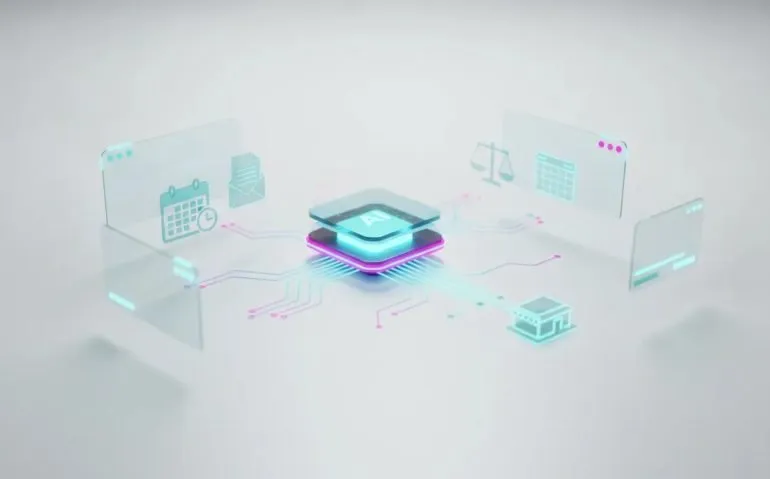 Futuristic illustration of AI upgrades powering small business automation with connected workflow nodes, document creation, and workflow handoffs
