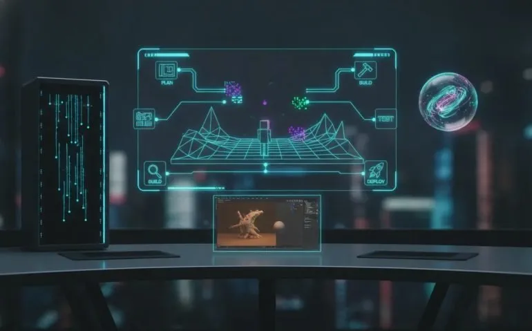 Futuristic holographic interface showing an AI building pipeline for 3D games, apps, server deployment, and an always-on agent concept with no text.