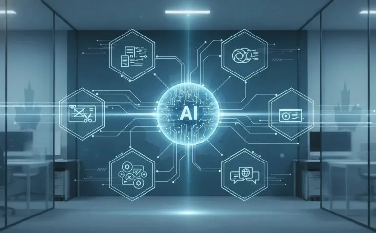 Illustration of an AI core connecting multiple video production stages to show faster, consistent AI video creation for Canadian tech content teams