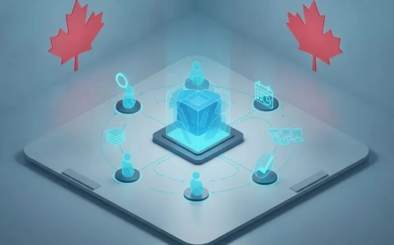 Illustration of a connected AI workforce with multiple holographic agents collaborating around a central hub, symbolizing research, organization, review, and automated execution.