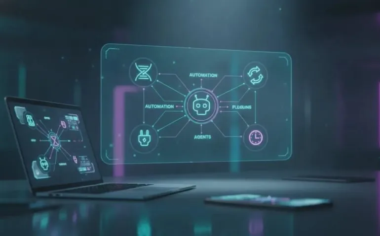 Futuristic illustration of an AI workspace with holographic icons representing sync, automation, agents, plugins, and scheduling—no text.