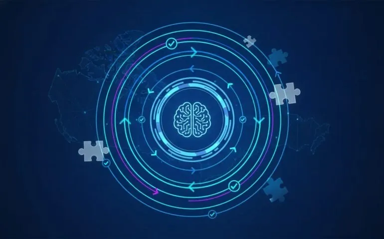 Futuristic illustration of autonomous AI coding loops with circular iteration arrows, code-like symbols, and verification icons in a Canadian tech theme